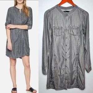 Prana Womens Aliki Tencel Shirt Dress Small Metallic Grey Wash Roll Tab Sleeves